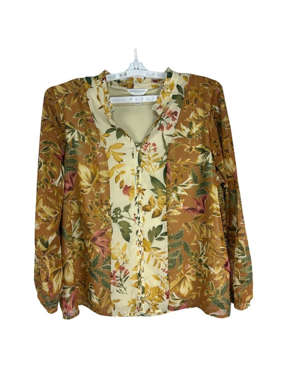Christopher & Banks Petite PXL Floral  Button-Up Blouse Women Long Sleeve Brown